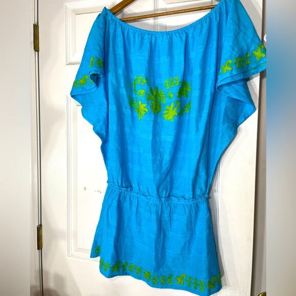 Debbie Katz South Beach Embroidered Turquoise Tunic with Fluted Sleeves Sz Large - Picture 8 of 10
